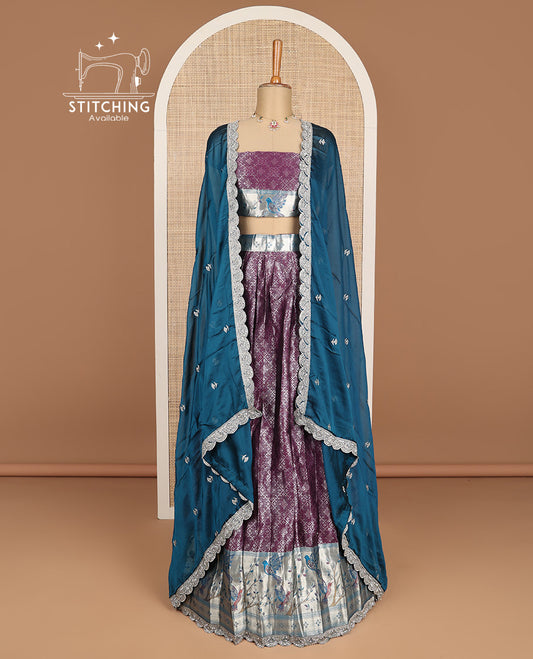 Violet floral jacquard half saree with contrast zari design border , zari design blouse & floral zari design dhavani