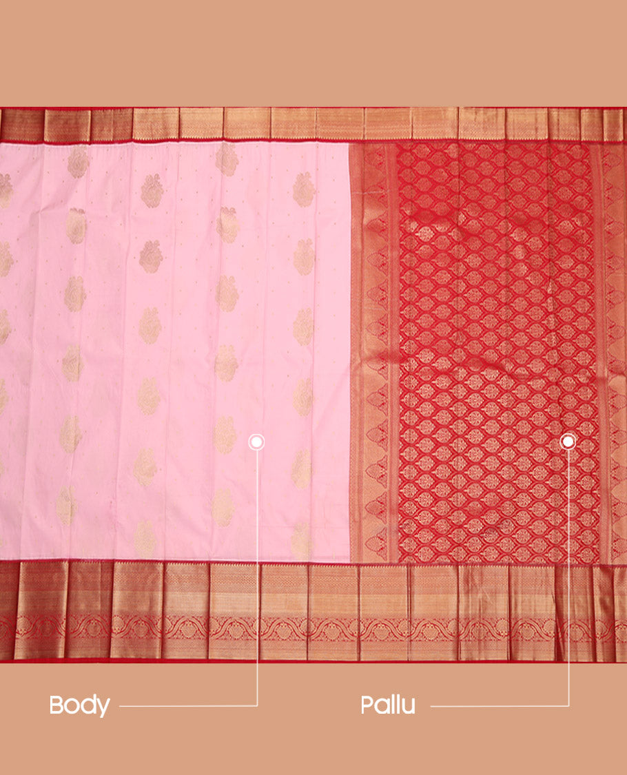 Pink Budget Silk Saree, Subtly Sparkled with Zari Buttas, Complemented by Contrast Tradittional Zari Border, Grand Pallu, and a Contrast Blouse