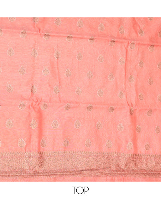 Peach Material Churidar Set, Sparsely Woven with Zari Buttas on Its Chanderi Silk Top, a Plain Bottom, and Floral Jaal Dupatta