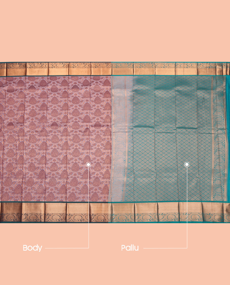 Mauve Budget Silk Saree, Spotlighted with Jacquard, Complemented by a Contrast Floral Creeper Zari Border, Jaal Pallu, and a Contrast Blouse