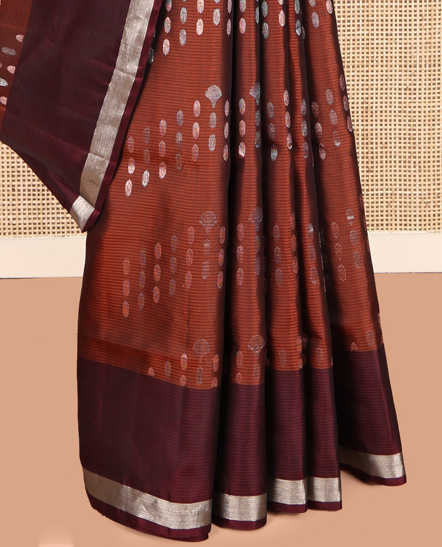 Rust Mayuri Lite Silk Mix Saree, Subtly Sparkled with Zari Buttas, Contrast Border, Pallu of Geometric Designs, and a Contrast Blouse
