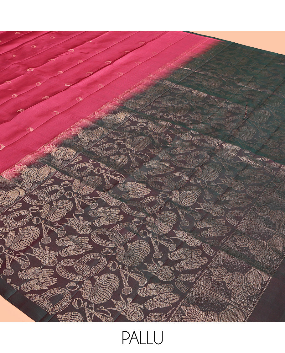 Pink Mayuri Soft Silk Saree, Enriched with Ring Motifs All Over Its Body, Complemented by Contrast Border of King-Queen in Wedding Palanquin Designs, Pallu Depicts Wedding Motifs, and Paired with a Contrast Blouse
