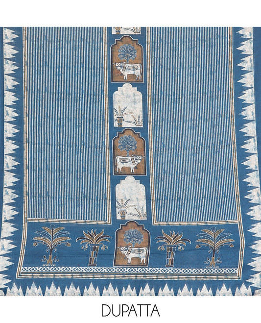 Peacock Blue Cotton Material Churidar, Mughal-Style Printed Top, a Plain Bottom, a Mughal-Style Printed Dupatta