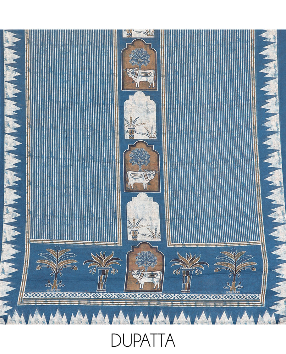 Peacock Blue Cotton Material Churidar, Mughal-Style Printed Top, a Plain Bottom, a Mughal-Style Printed Dupatta