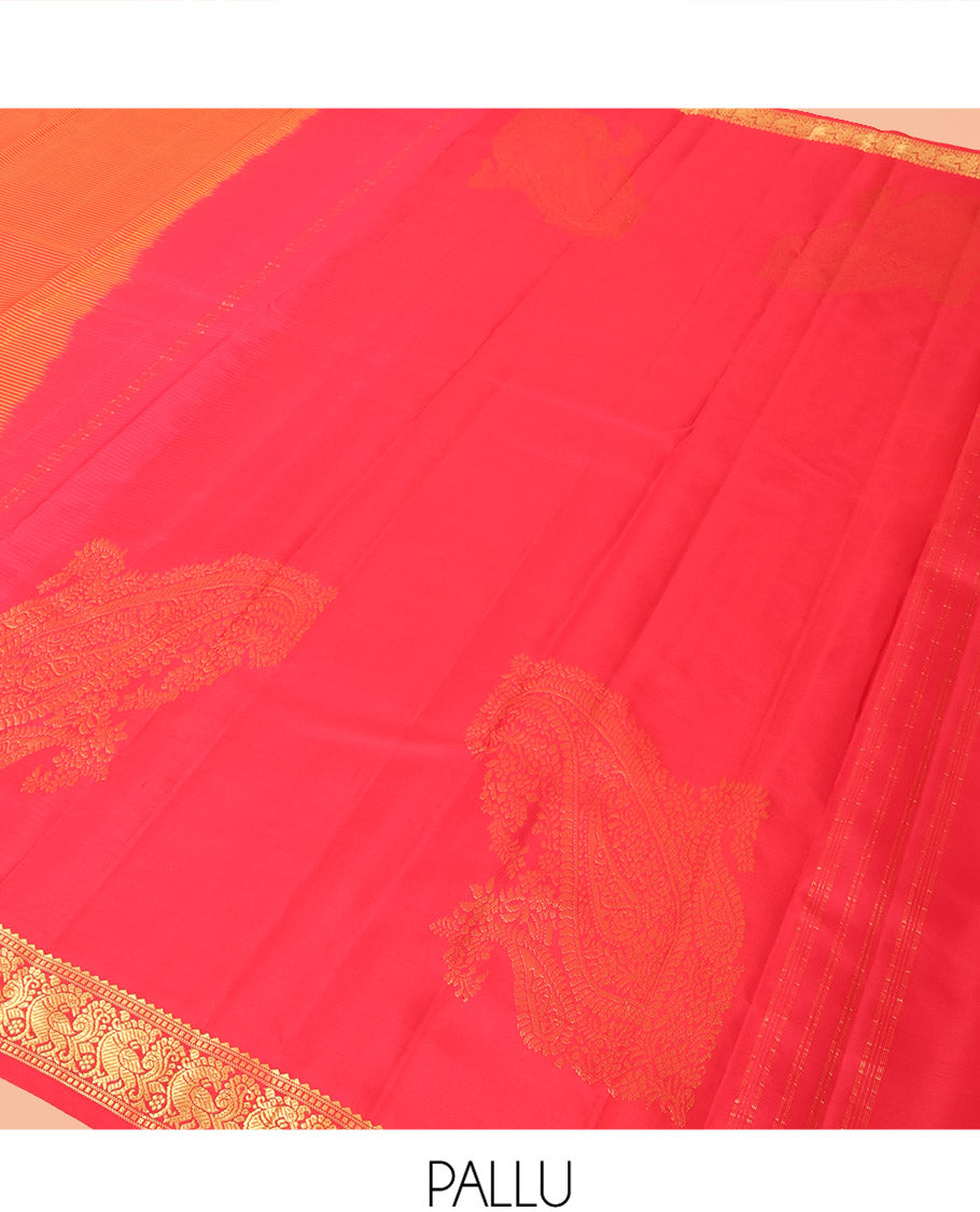 Orange Vazhaipoo Striped Kanchipuram Silk Saree, Complemented by a Contrast Border Featuring Rekku, Muthu, and Mayil Designs, Sparsely Zari Woven Pallu, and Paired with a Contrast Blouse