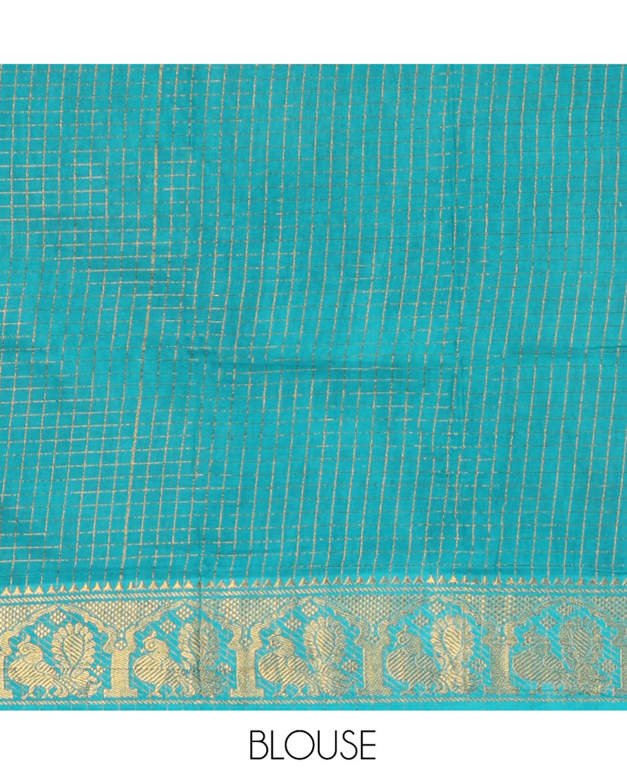Green-Black Sungudi Cotton Half-Saree Set, Adorned with Zari-Checked Skirt, Contrast Peacock Border, Contrast Blouse, and Syska Georgette Dupatta