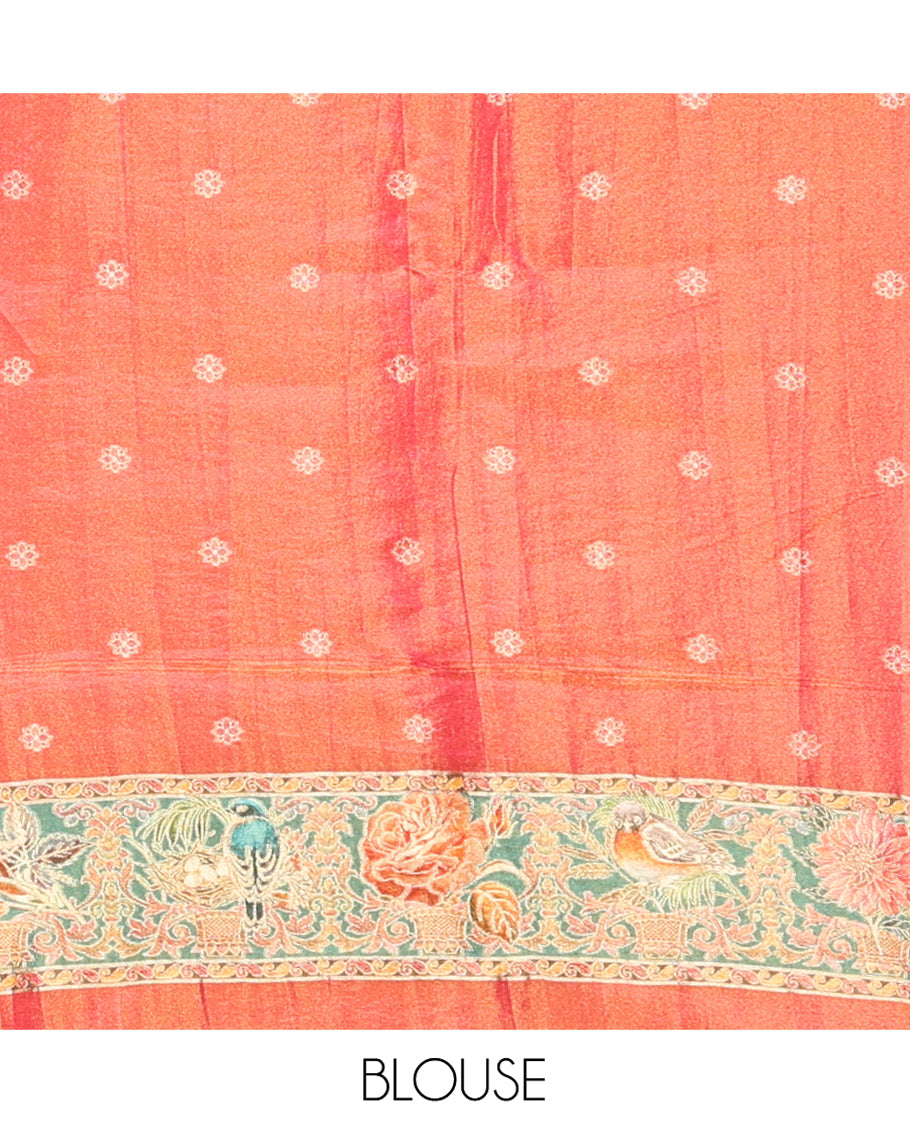 Pink Tropical Floral Russian Dola Tissue Saree, Floral-Bird Border, and a Matching Blouse