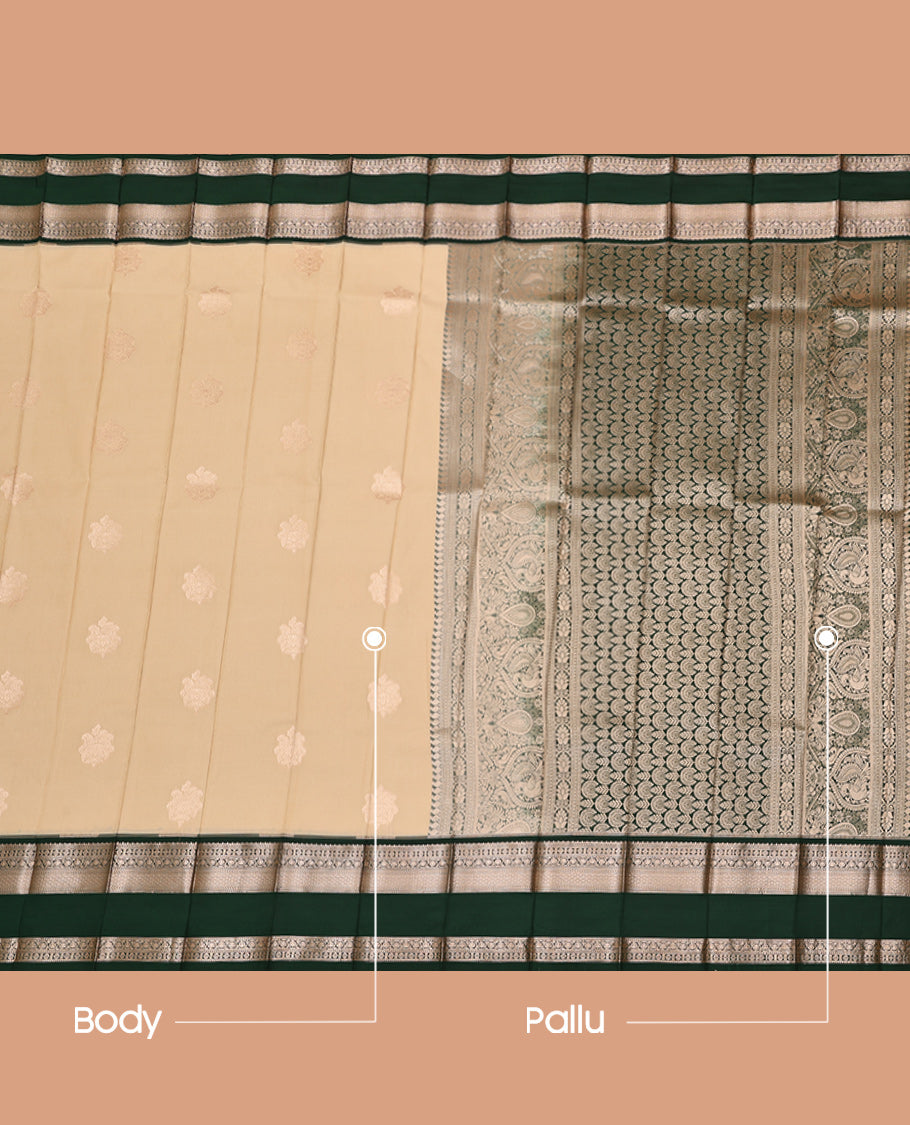 Sandal Budget Silk Saree, Sparsely Woven with Zari Buttas, Complemented by Contrast Traditional Zari Rettai Pettu Border, Grand Pallu, and a Contrast Blouse