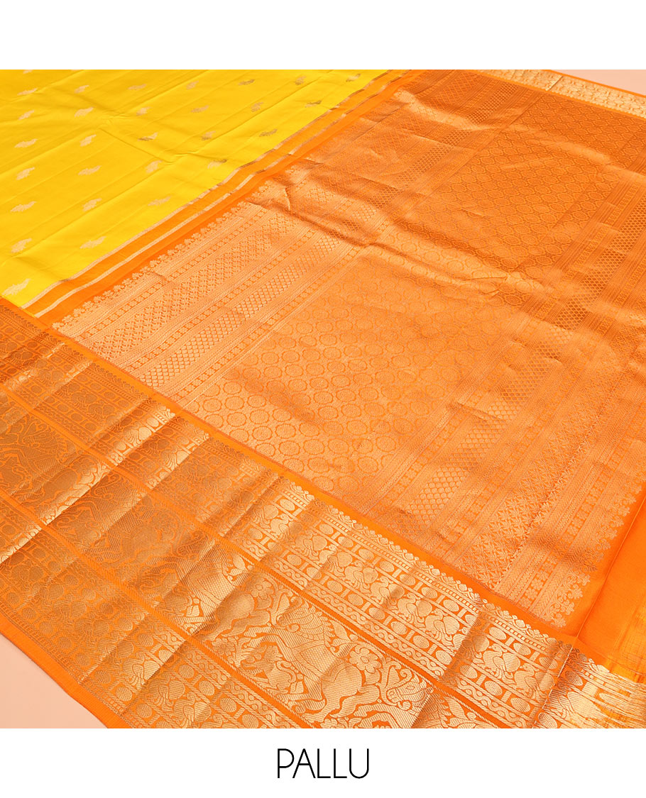 Yellow Vasundhara Silk Saree, Woven with Zari Buttas, Complemented by a Contrast Border of Muthu, Rudraksham, Poun, Mayil, Kuthirai, and Yaali Designs, Grand Pallu, and a Contrast Blouse