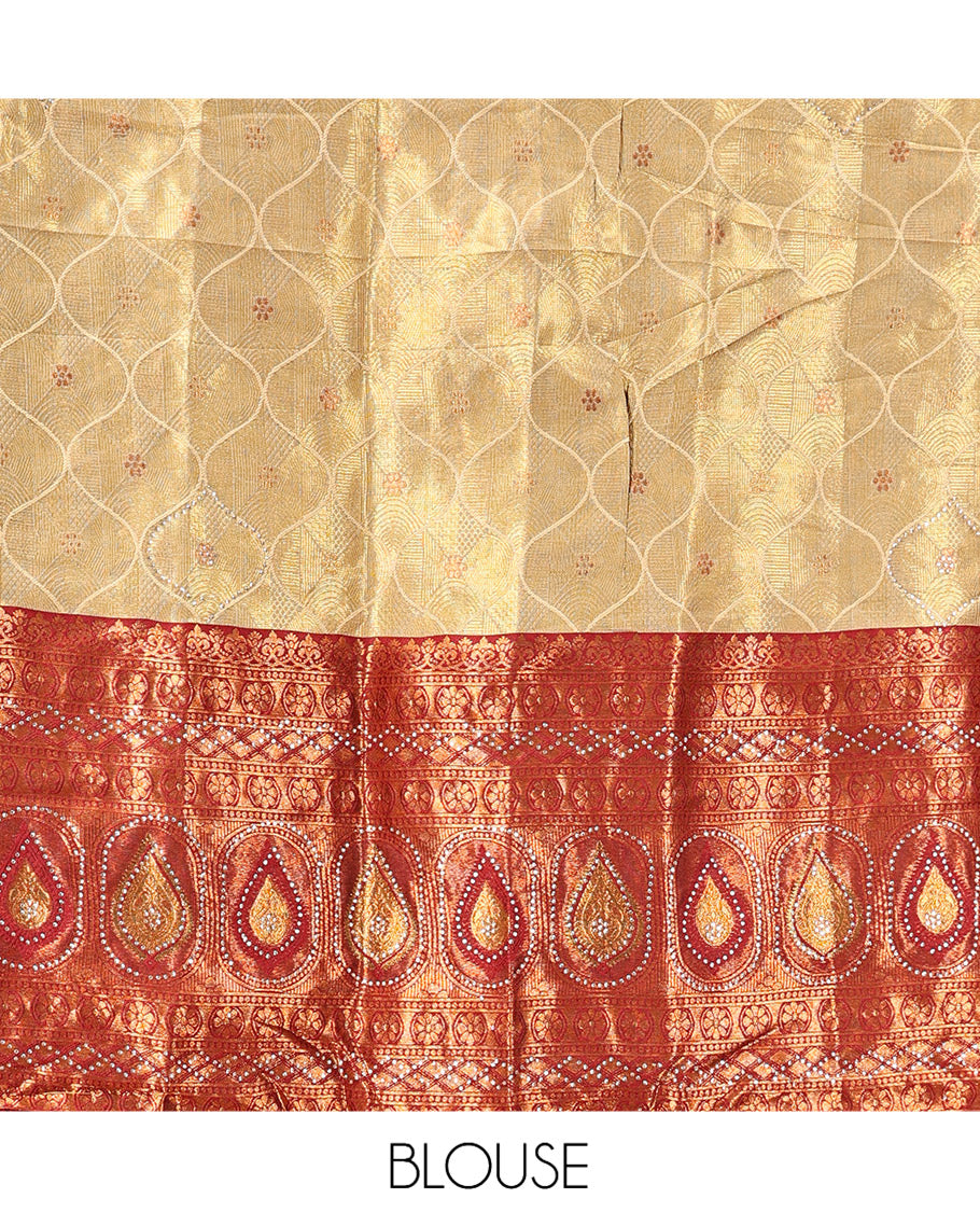 Gold-Red Banarasi Half-Saree, Bedecked with Butta Enclosed Ogee Design, a Contrast Traditional Zari Stone Work Border, a Matching Blouse, and a Contrast Embroidered Dhavani