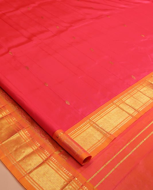 Red Kanchipuram Silk Saree, Detailed with Zari Buttas, a Contrast One-sided Border of Panner Sombu, Banaras, and Jaal Designs, Pallu of Floral Designs, and No Blouse