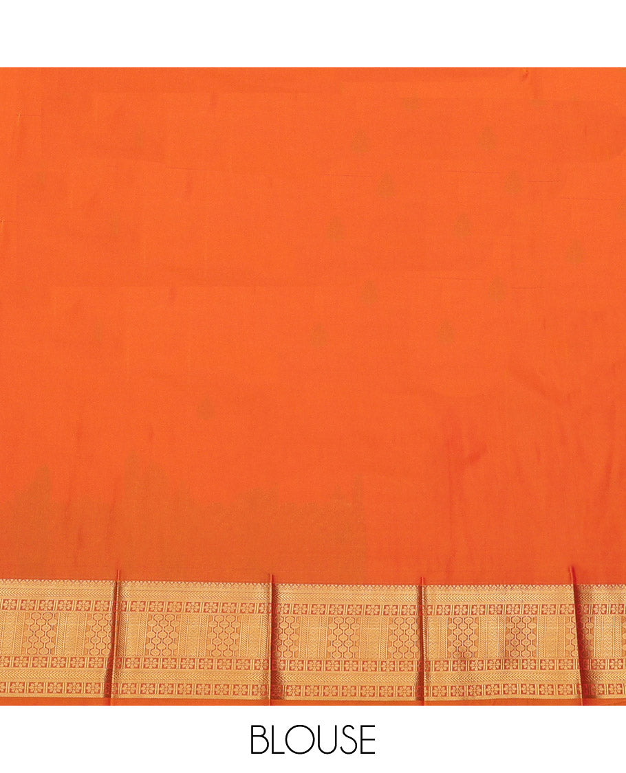 Orange Budget Silk Saree, Graced with Zari Buttas, Highlighted by a Traditional Zari Border, Intricately Designed Pallu, and a Matching Blouse