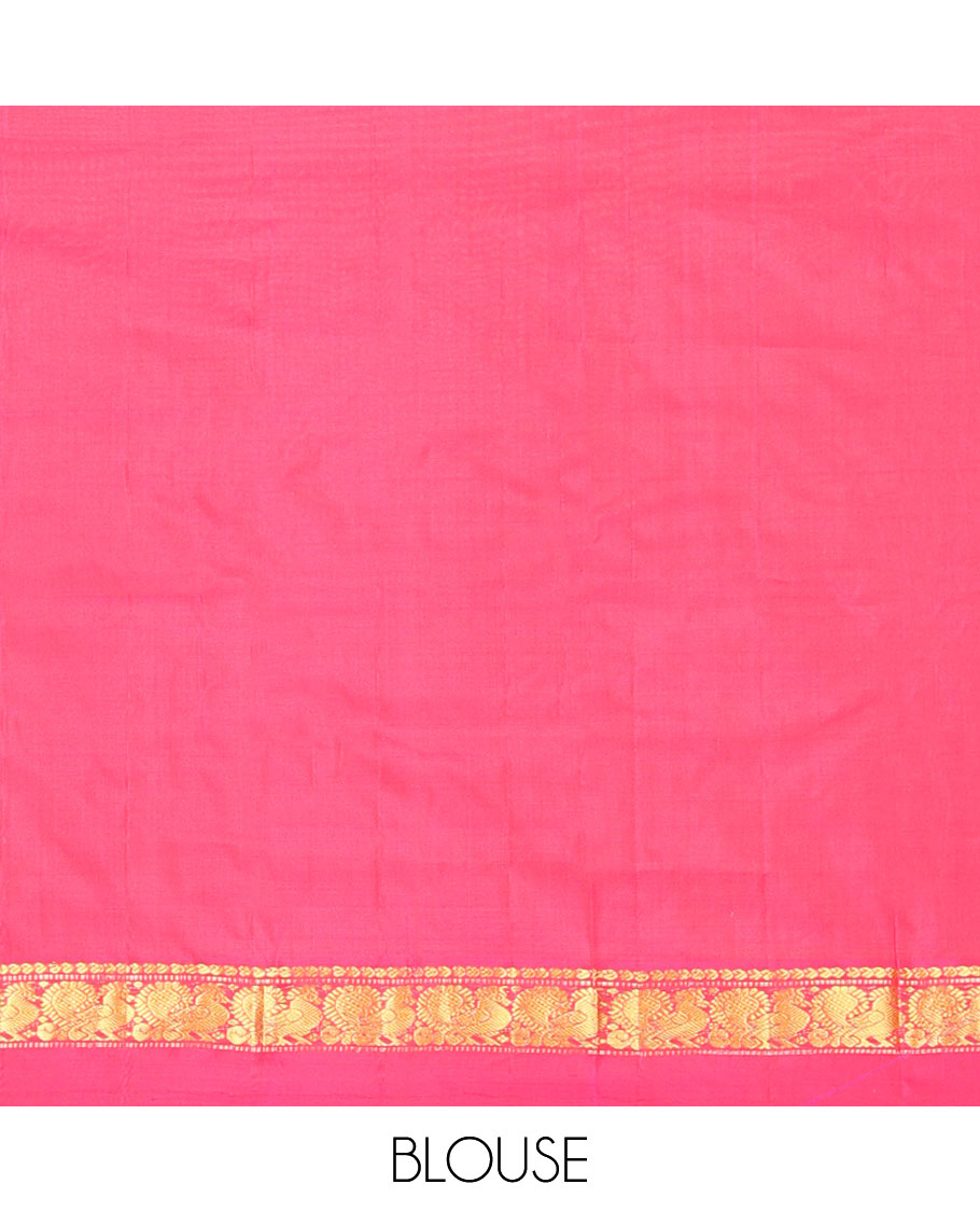 Mustard striped kancheepuram silk saree with contrast ganga jamuna border of thilakam mokku, banaras, paun design & zari design pallu