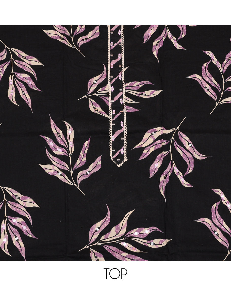 Black-Purple Cotton Material Churidar Set Features Tropical Floral Print and Mirrorwork Top, Printed Bottom, and Contrast Print-Embroidered Dupatta