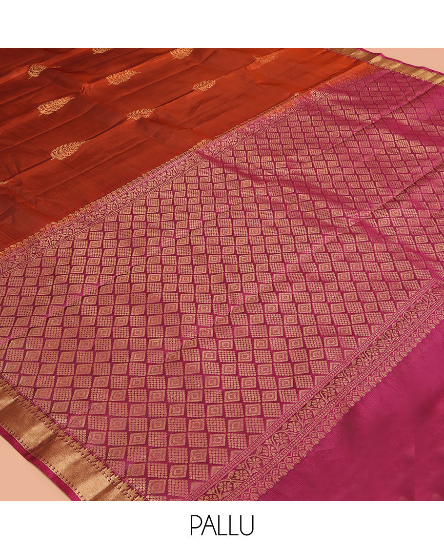 Orange Zari Buttas Vasundhara Lite Silk Mix Saree, a Contrast Thazampoo Rekku Border, Contrast Blouse