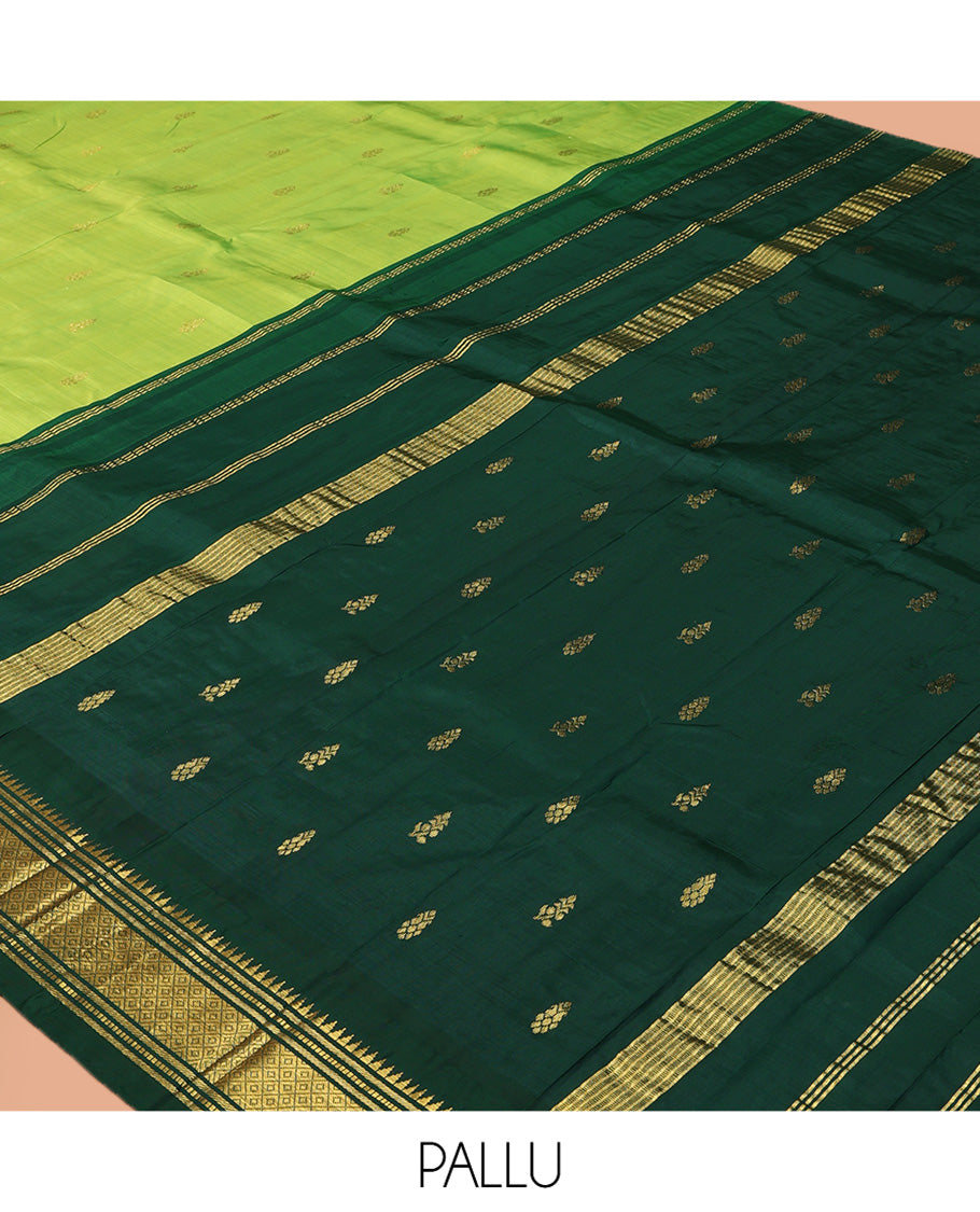 Green Kanchipuram Silk Saree, Subtly Woven with Zari Buttas, Complemented by a Contrast Korvai Border of Rekku, Banaras, Muthu, and Mayil Kann Design, Zari Design Pallu, and No Blouse