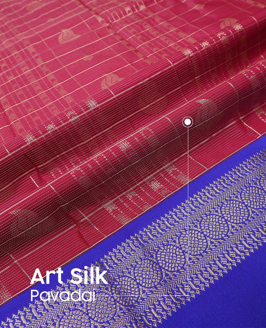 Red art silk pavadai material set, zari design pavadai with contrast blouse & traditional zari rettai pettu border