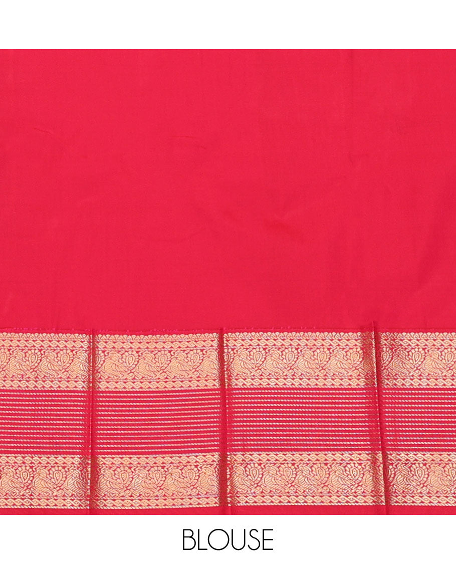 Green Budget Silk Saree, Highlighted by Zari Buttas, Complemented by a Contrast Traditional Border, Jaal Pallu, and a Contrast Blouse