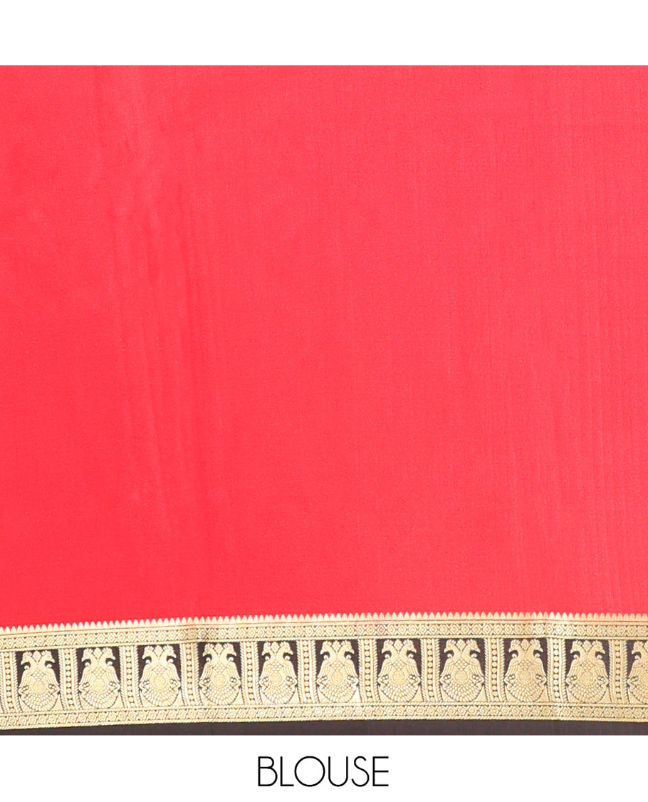 Red Plain Mysore Silk Saree, Complemented by a Contrast Two-Headed Eagle Zari Border, Zari Design Pallu, and a Contrast Blouse