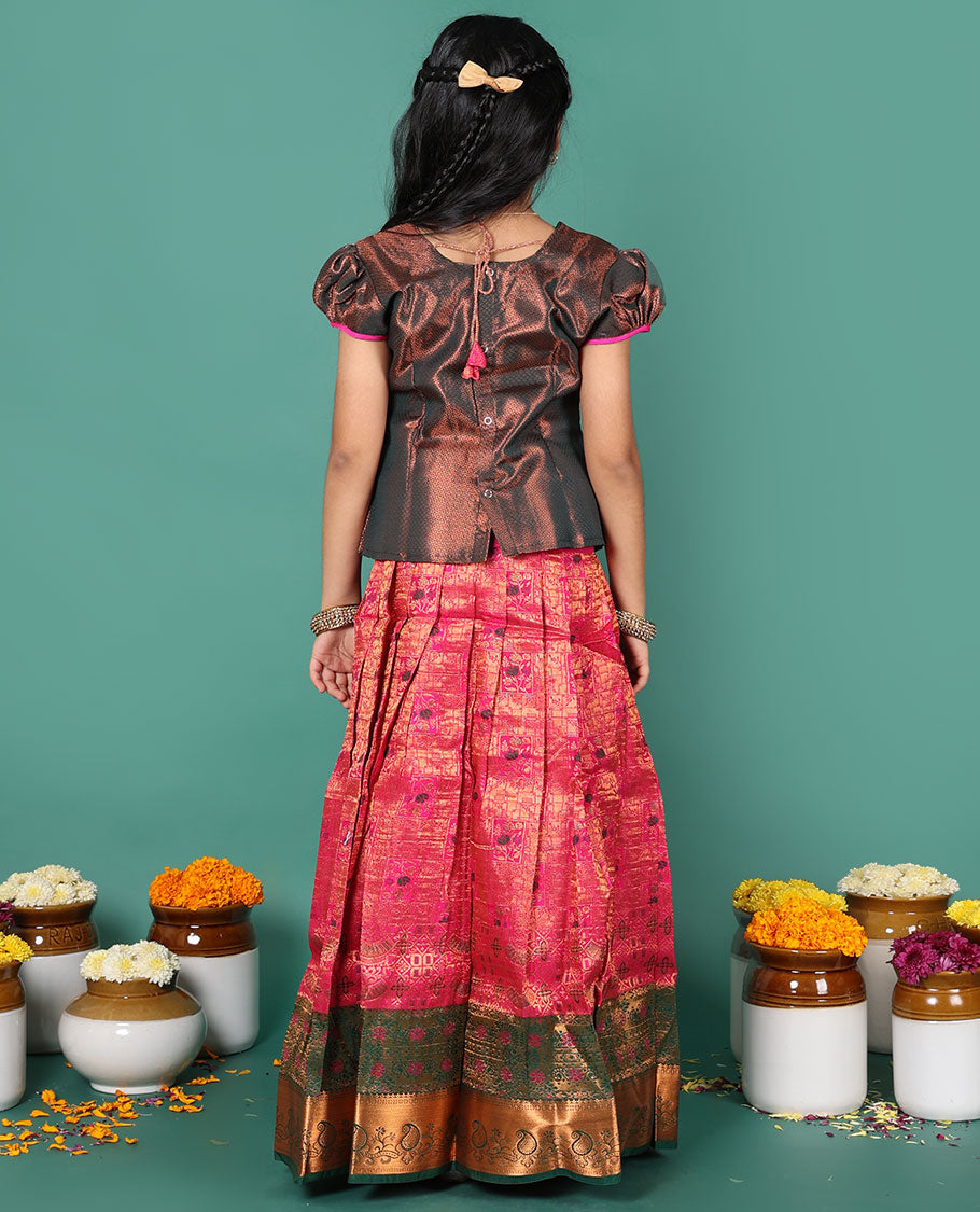 Pink readymade art silk pavadai, jacquard & contrast zari border skirt, & jacquard & embroidery round neck puff-sleeve blouse