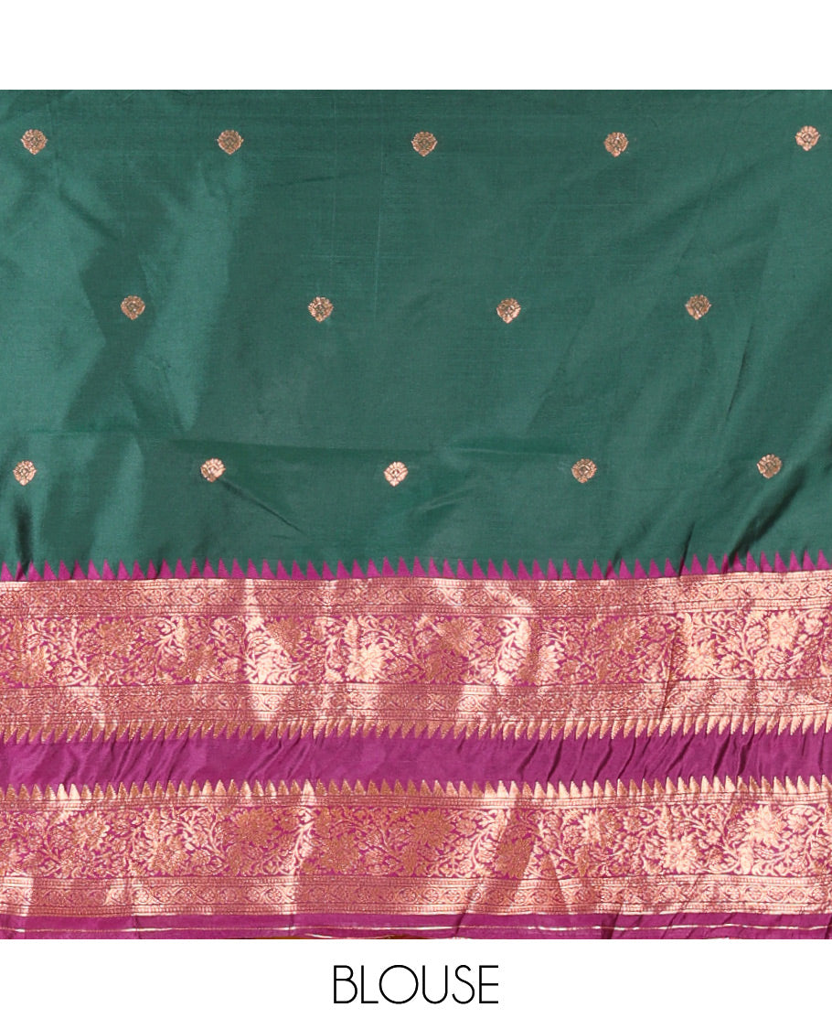 Green-Purple Semi-Banarasi Half-Saree Showcasing Zari Buttas on Its Skirt, Complemented by a Contrast Traditional Zari Temple Rettai Pettu Border, Paired with a Matching Blouse, and a Satin Georgette Embroidered Scallop Dhavani