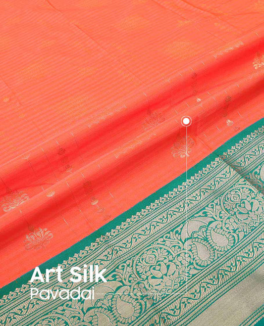 Red floral design art silk pavadai material with contrast traditional zari design border & floral zari design blouse