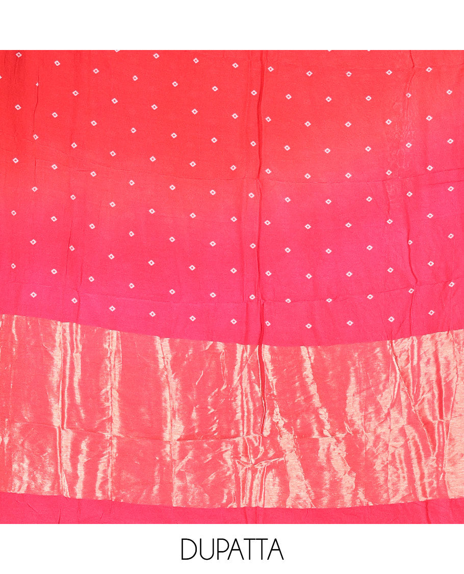 Pink and Red Semi-Silk Material Churidar Set, Prettified with Bandhani Dots Print, Comes with a Plain Santoon Bottom, and Paired with a Double-Colored Dupatta of Bandhani Dots Print