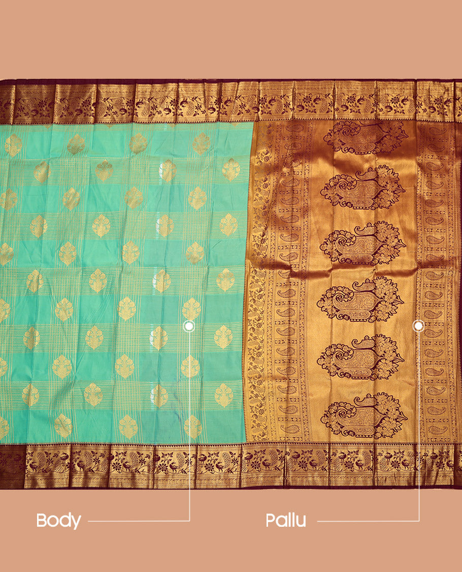 Turquoise Budget Silk Saree, Gracefully Embellished with Zari Butta Enclosed Checks, a Contrast Traditional Zari Border, Intricate Pallu, and a Contrast Blouse