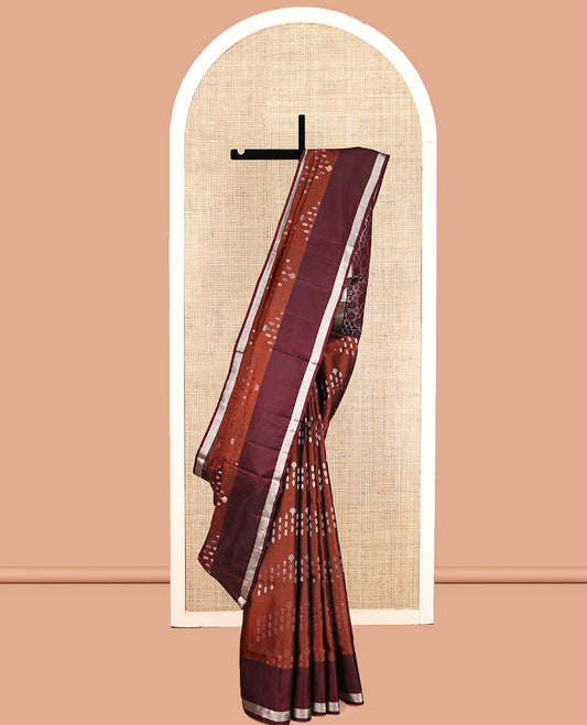 Rust Mayuri Lite Silk Mix Saree, Subtly Sparkled with Zari Buttas, Contrast Border, Pallu of Geometric Designs, and a Contrast Blouse