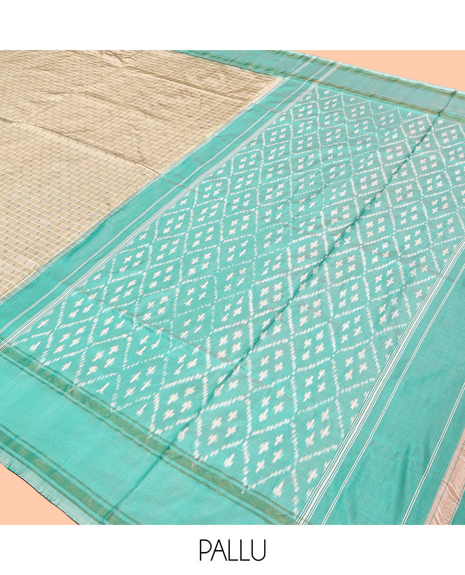 Beige Pochampally Ikat Saree, Ornamented with Buttas and Stripes, a Contrast Border, Ikat-Style Jaal Pallu, and a Contrast Blouse