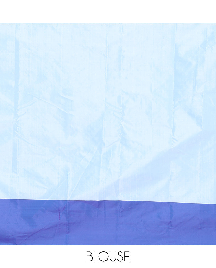 Blue Aarani Silk Saree, Dazzled with Stripes on Its Body, Complemented by a Contrast Temple Border, Pallu of Stripes, and Paired with a Matching Blouse