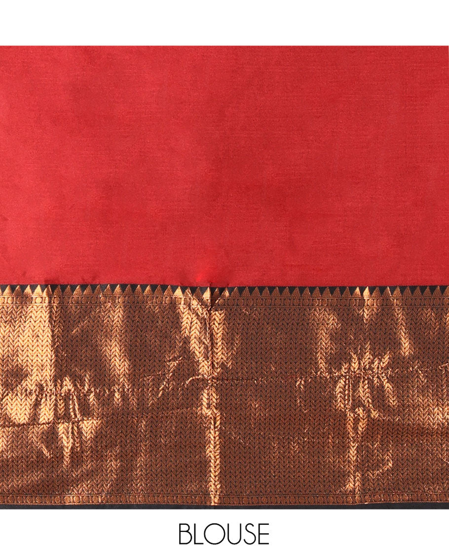 Maroon Taffeta Silk Half-Saree Featuring a Plain Skirt, Complemented by a Contrast Traditional Zari Design Border, Paired with a Matching Blouse, and a Georgette Scallop-Bordered Stone Work Dhavani