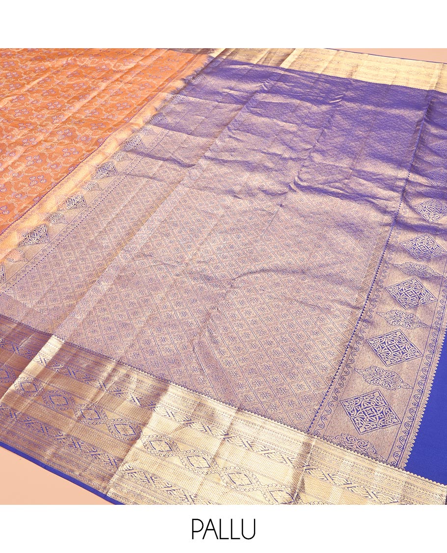 Peach Kanchipuram Wedding Silk Saree, Gracefully Embellished with Jacquard Design, a Contrast Border of Traditional Designs, Grand Pallu, and a Contrast Blouse