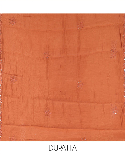 Rust Mul Chanderi Material Chudidar Set, Floral Embroidered Top, Plain Santoon Bottom, and Scallop Embroidered Dupatta