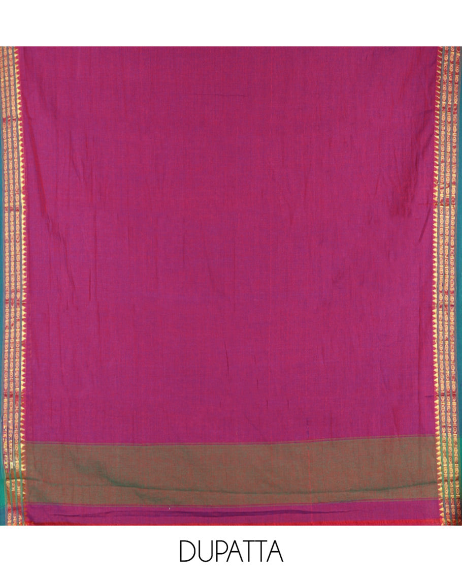Magenta Mercerised Cotton Material Chudidar Set, Adorned with Rudraksham-Temple Bordered Top, a Mercerised Cotton Bottom, and Paired with a Matching Mercerised Cotton Rudraksham-Temple Bordered Dupatta