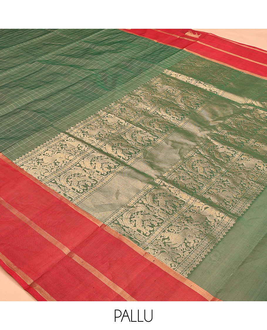 Green Checked Kuppadam Silk Saree, a Contrast Traditional Zari Border, Grand Pallu, a Matching Blouse