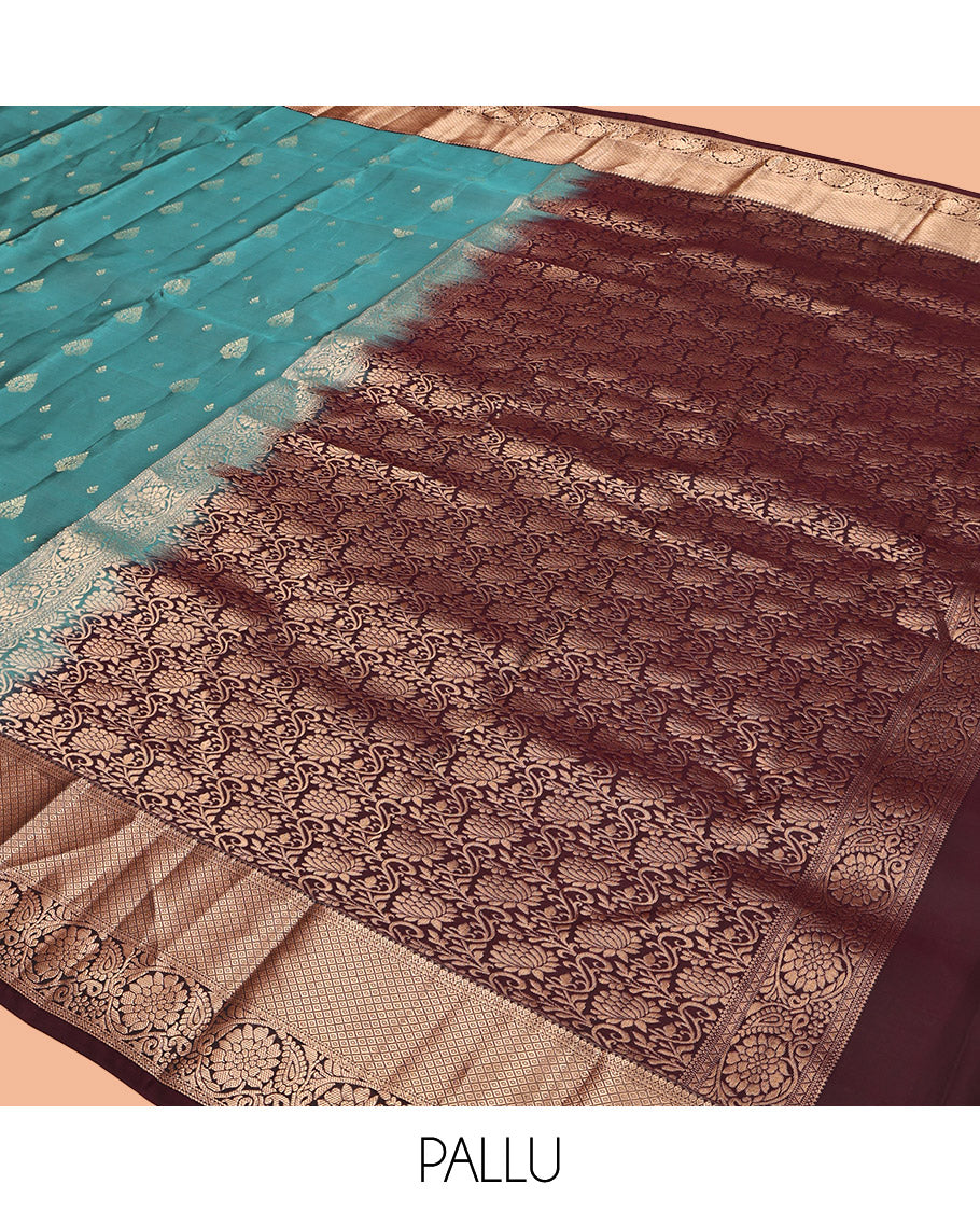 Green Vasundhara Lite Silk Mix Saree, Bedecked with Zari Buttas, Complemented by a Contrast Border of Mayil Kann and Kodi Visiry Designs, Floral Jaal Pallu, and a Contrast Blouse