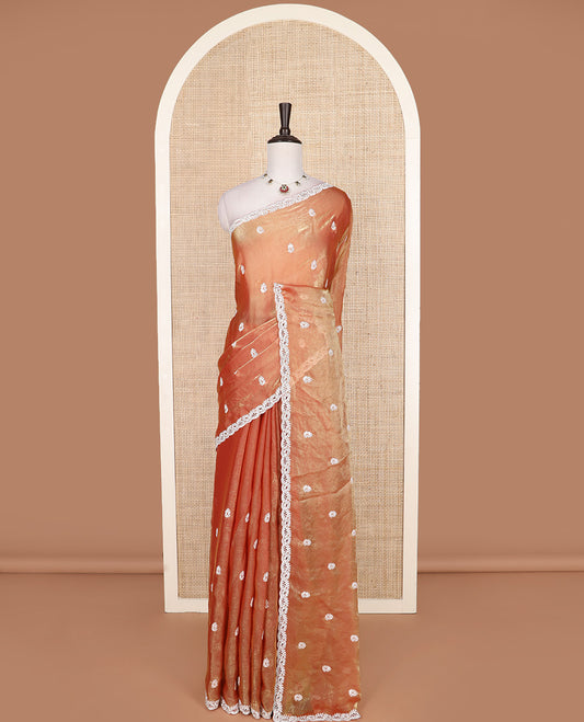 Orange thread embroidered designer saree, scallop cut work border