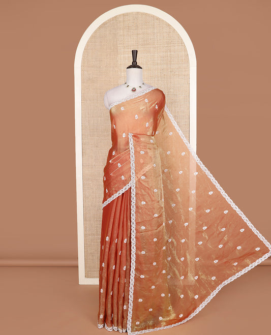 Orange thread embroidered designer saree, scallop cut work border