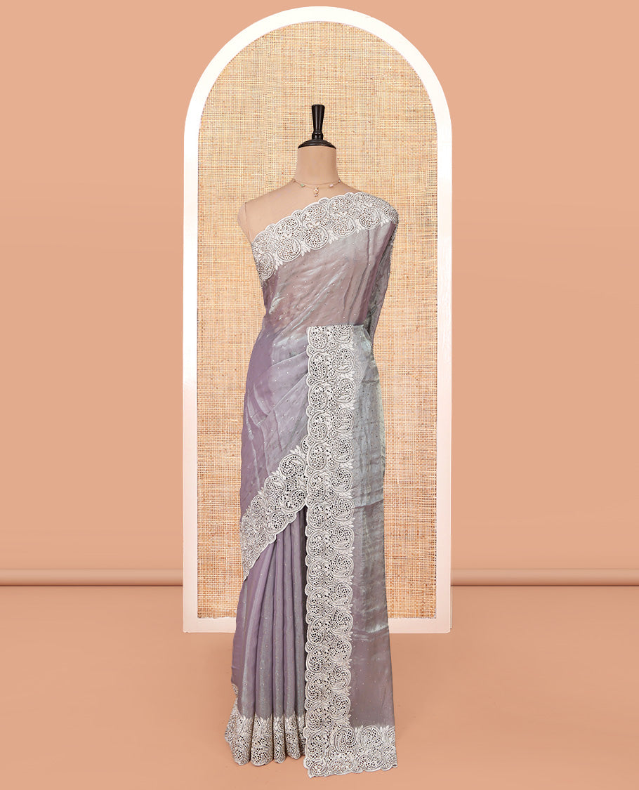 Grey Designer Saree, Crafted with Stone Work All Over Its Body, a Scallop Cut-Embroidered Border, and Matching Blouse