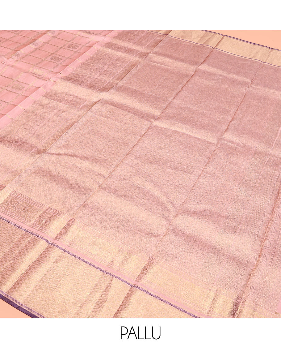 Pink Kanchipuram Silk Saree, Gracefully Embellished with Zari Butta Enclosed Checks, Traditional Zari Design Border, Grand Pallu, and Contrast Blouse