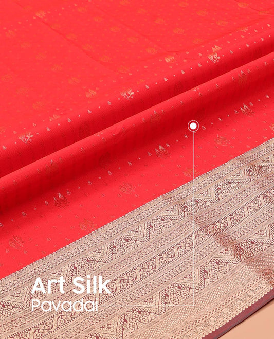 Red Art Silk Pavadai Material Set, Uniquely Detailed with Zari Buttas on Its Skirt, Complemented by a Contrast Traditional Zari Design Border, and Paired with a Contrast Blouse