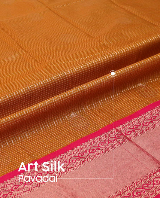 Mustard Art Silk Pavadai Material Set Featuring a Zari Butta Enclosed Checked Skirt, Complemented by a Contrast Traditional Zari Motifs Woven Border, and Paired with a Contrast Blouse
