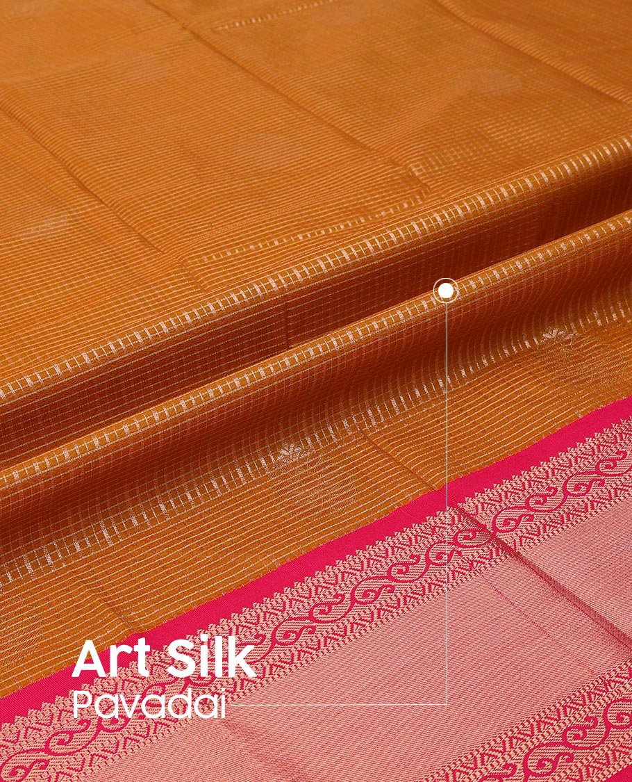 Mustard Art Silk Pavadai Material Set Featuring a Zari Butta Enclosed Checked Skirt, Complemented by a Contrast Traditional Zari Motifs Woven Border, and Paired with a Contrast Blouse