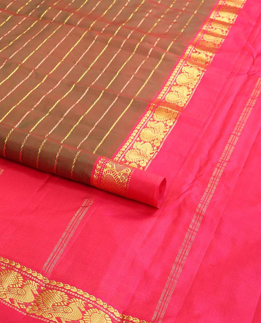 Mustard striped kancheepuram silk saree with contrast ganga jamuna border of thilakam mokku, banaras, paun design & zari design pallu