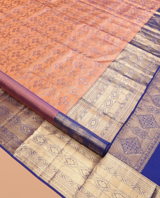 Peach Kanchipuram Wedding Silk Saree, Gracefully Embellished with Jacquard Design, a Contrast Border of Traditional Designs, Grand Pallu, and a Contrast Blouse