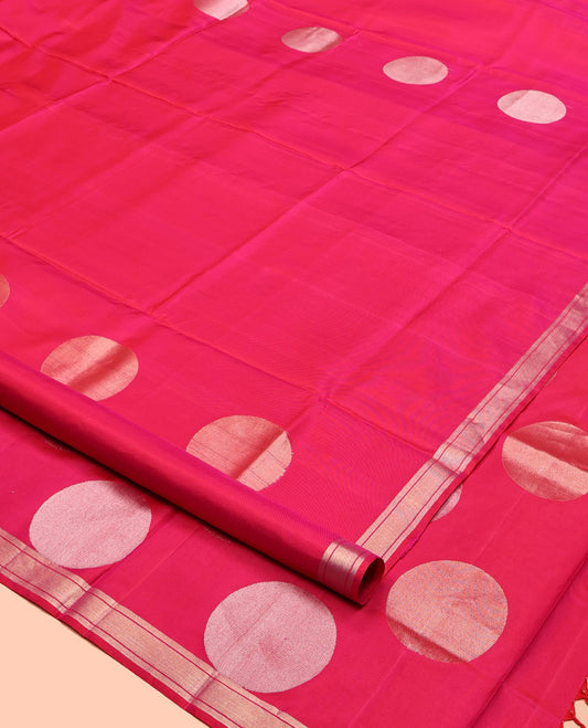 Pink Mayuri Soft Silk Saree, Beautified with Polka-Dot Buttas, a Piping Border, Pallu Steeped with Polka-Dot Designs, and a Matching Blouse