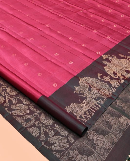 Red Mayuri Soft Silk Saree, Enriched with Ring Motifs All Over Its Body, Complemented by Contrast Border of King-Queen in Wedding Palanquin Designs, Pallu Depicts Wedding Motifs, and Paired with a Contrast Blouse