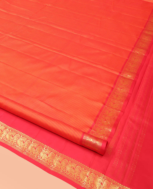 Orange Vazhaipoo Striped Kanchipuram Silk Saree, Complemented by a Contrast Border Featuring Rekku, Muthu, and Mayil Designs, Sparsely Zari Woven Pallu, and Paired with a Contrast Blouse
