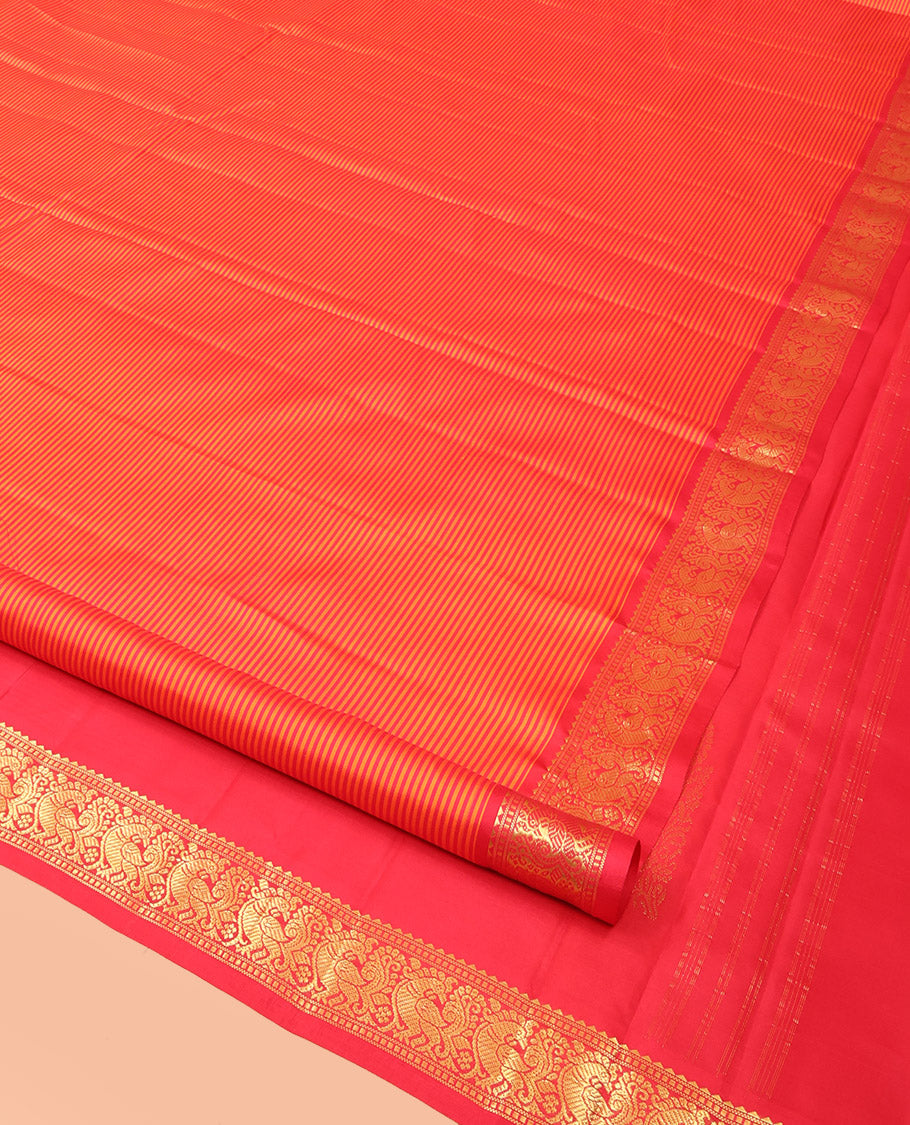 Orange Vazhaipoo Striped Kanchipuram Silk Saree, Complemented by a Contrast Border Featuring Rekku, Muthu, and Mayil Designs, Sparsely Zari Woven Pallu, and Paired with a Contrast Blouse